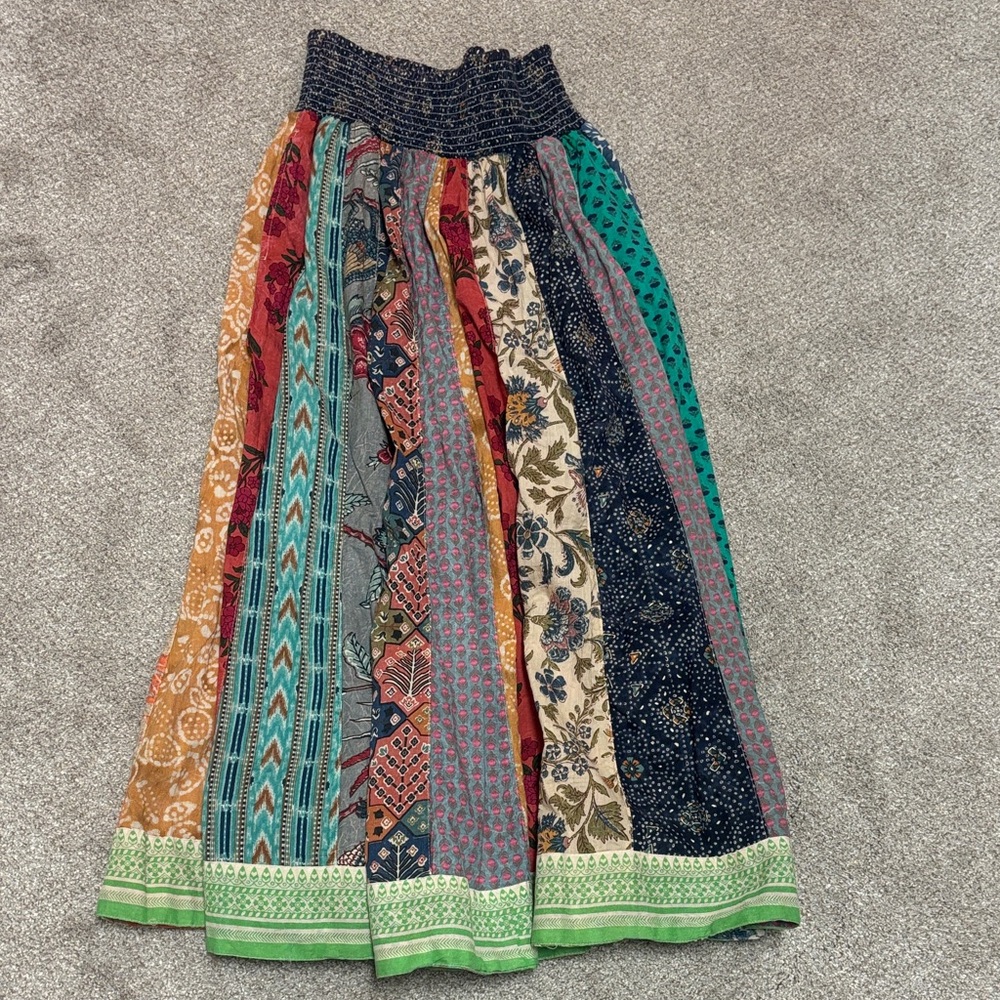 Blue Sky Multicolor Bohemian Patchwork Maxi Skirt with Green Hem